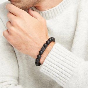 Men's Black Onyx Beaded Bolo Bracelet Stainless Steel